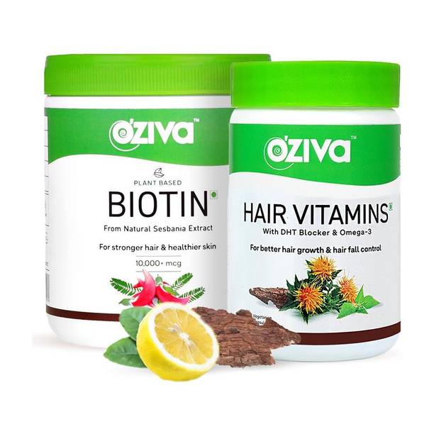 OZiva Gorgeous Hair Routine (Plant-Based Biotin Lemon,125g+Hair Vitamins,60capsules)