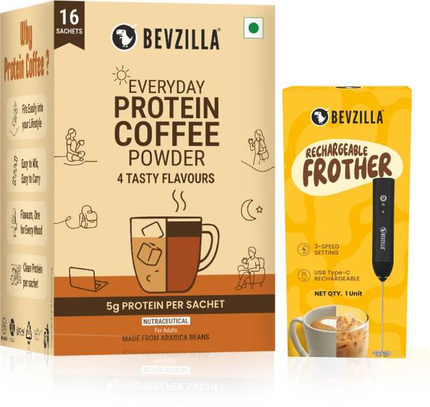 बेवज़िला Everyday Protein Instant Coffee Powder Sachets with Rechargeable Frother कॉम्बो