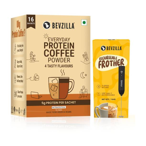 Bevzilla Everyday Protein Instant Coffee Powder Sachets with Rechargeable Frother Combo