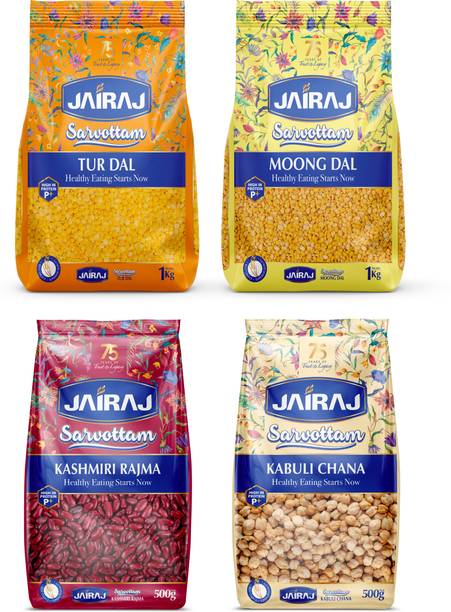 JairaJ Sarvottam Tur Dal 1kg, Moong Dal 1kg, Kashmiri Rajma 500 Gm, Kabuli Chana 500 Gm Combo