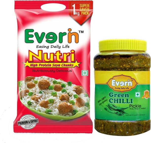 Everin Tasty Tangy and Ticklish Green Chilli 1KG Pickle and 1KG Soya Chunks Combo