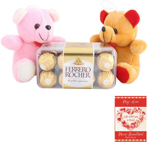 FERRERO ROCHER Chocolate Gift For Valentine | Premium Chocolate With 2 Cute Teddy Bear | Surprise Gift For Girlfriend | 614 Combo