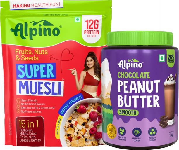 ALPINO Museli Fruit & Nut 400gm & Chocolate Peanut Butter Smooth 1kg Combo