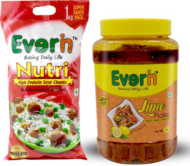 Everin Tasty Tangy and Ticklish Lime 1KG Pickle and 1KG Soya Chunks Combo