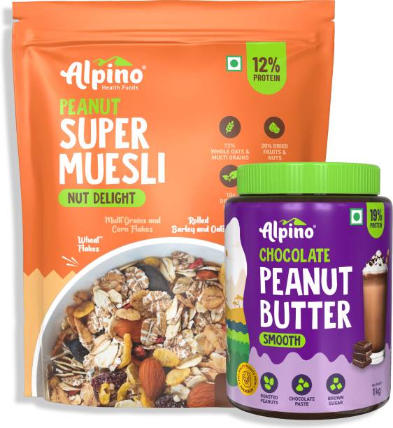 ALPINO Museli Nut Delight 400gm & Chocolate Peanut Butter Smooth 1kg Combo