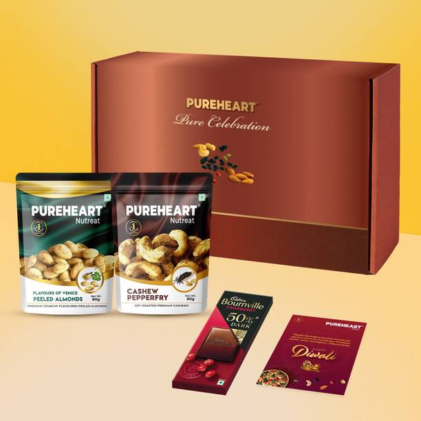 PUREHEART Celebration Gift Box Cashews, Almonds, Chocolate & Card|Diwali Gift Hamper Combo