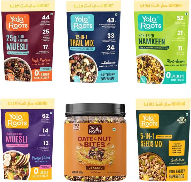 Yolo Roots Healthy Breakfast & Snack Combo | Muesli, Trail Mix, Seeds & Date Bites Combo