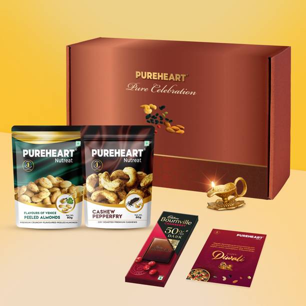 PUREHEART Diwali Gift Hamper| Pepperfry Cashews, FOV Almonds, Chocolate, Diya & Card Combo