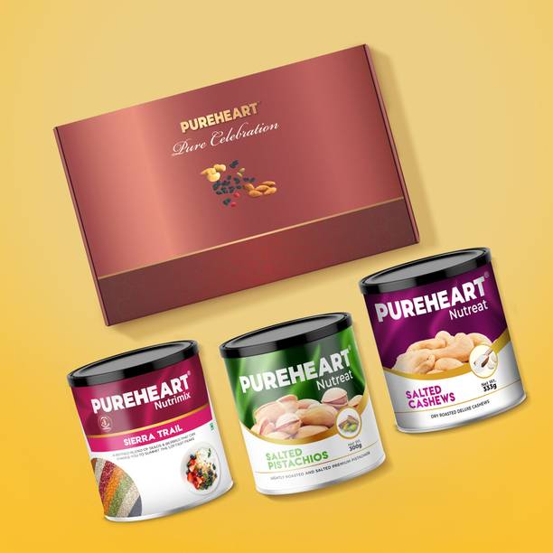 PUREHEART Diwali Gift Hamper- Salted Cashews, Sierra Trail, Pistachios & Chocolate,Card Combo