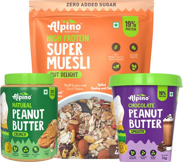 ALPINO Natural Peanut Butter 1kg/Muesli Nut Delight 400gm/Chocolate Peanut Butter 1kg Combo