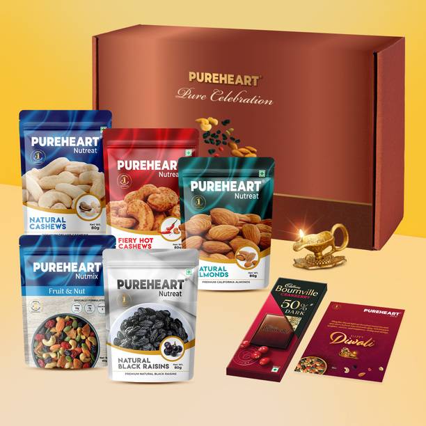 PUREHEART Diwali Gift Box with Cashews, Nutmix, Raisins, Almonds, Diya, Chocolate & Card Combo