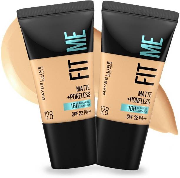 मेबेलाइन न्यू यॉर्क Fit Me Matte + Poreless 16H Oil Control Foundation, Shade 128, 18 ml, Pack of 2 Foundation