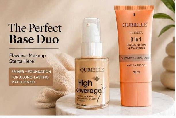 Qurielle 3-in-1 Primer + High Coverage Foundation | Matte Finish | Long Lasting | Foundation