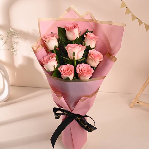 Floweraura Fresh Live Flower Bouquet of 8 Pink Roses Flowers Rose Bouquets