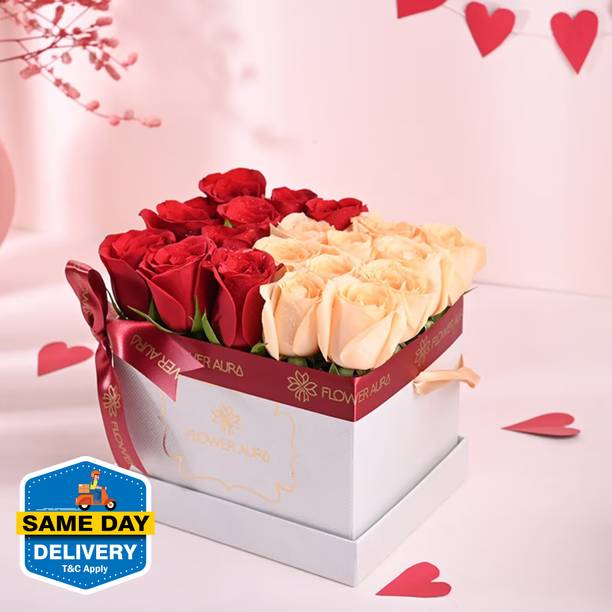 FowerAura Fresh Attractive Bunch of Fresh Live 10 Red & 10 Peach Roses Flowers In Box Rose Bouquets