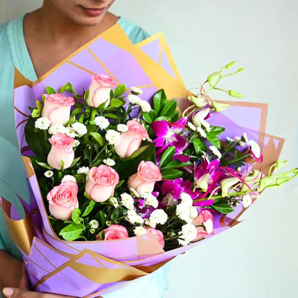 Floweraura Fresh Fresh Live Flower Bouquet of 10 Pink Rose, 3 Orchids & 1 Daisy Flower Rose, Orchids, Daisy Bouquets