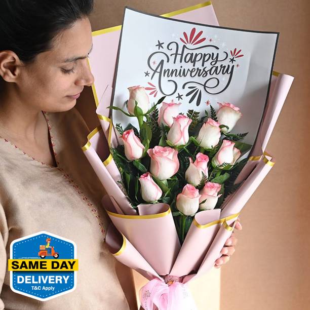 Floweraura Fresh Fresh Live 12 Pink Roses Flowers Bouquet In Happy Anniversary Packing Rose Bouquets