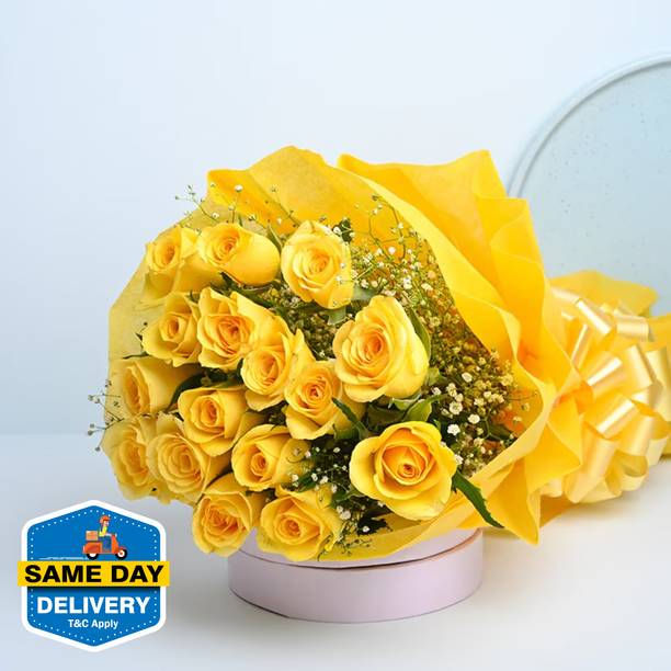 Floweraura Fresh Bunch of Fresh Live 15 Yellow Roses Flowers Bouquet Rose Bouquets