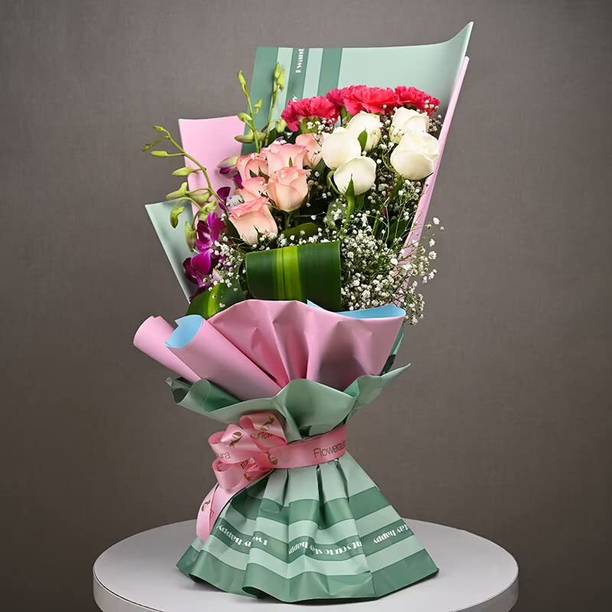 Floweraura Fresh Multicolor Rose, Carnations Bouquets, Flower Basket
