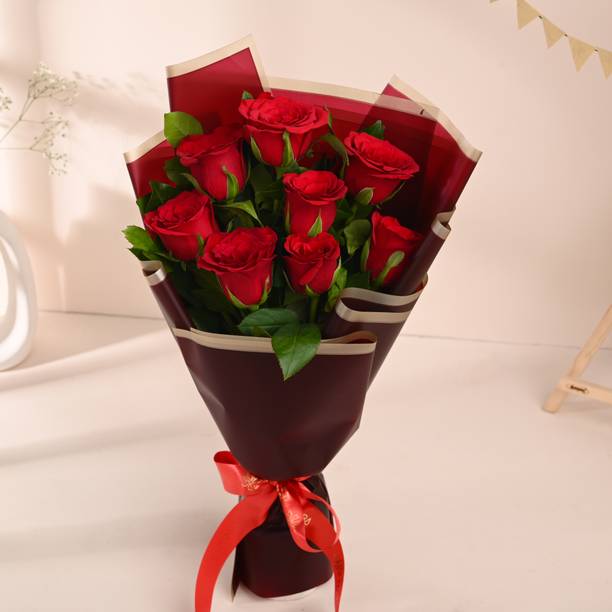 Floweraura Fresh Live Flower Bouquet of 8 Red Roses Flowers Rose Bouquets