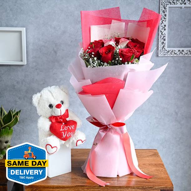 Floweraura Fresh Fresh Live 8 Red & 2 Pink Roses Flower Bouquet With Cute Teddy Assorted Bouquets