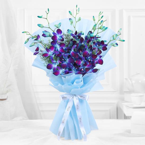 Fresh Live Flower Bouquet of 6 Blue Orchids, Sky Blue Wrapping with White Ribbon Fresh Blue Orchids Bouquets