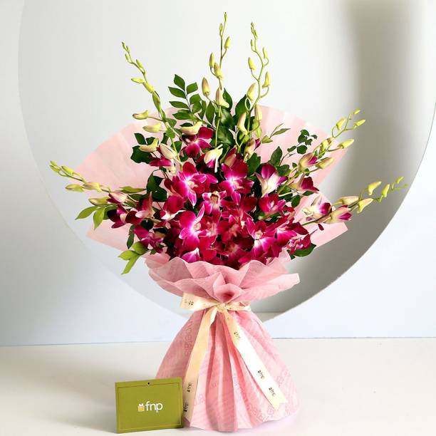Fresh Live Flower Bouquet of 6 Purple Orchids, Pink Wrap with Ribbon Fresh Blue Orchids Bouquets