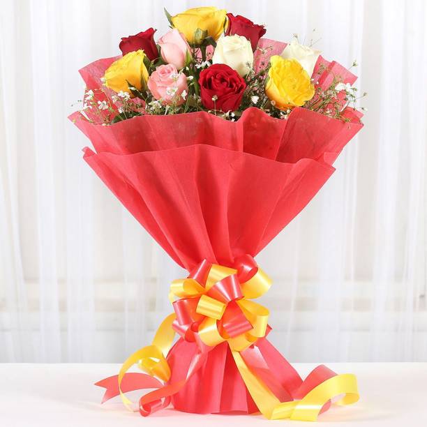 Fresh Mixed Rose Bouquet (10 Roses) in Red, Yellow, White and Aqua Pink Fresh Multi Rose Bouquets