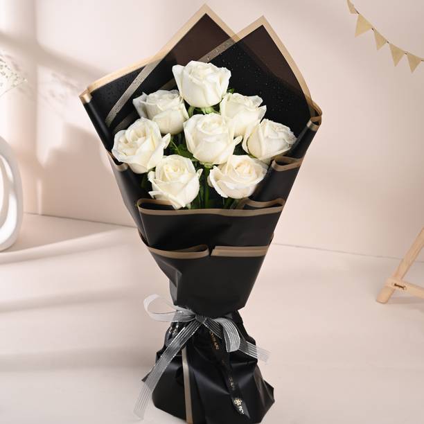 Floweraura Fresh Live Flower Bouquet of 8 White Roses Flowers Rose Bouquets