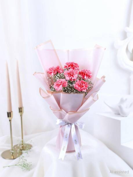 Fresh Pink Carnation Bouquet (6 Flowers) with Gypsophila and Satin Ribbon Wrap Fresh Pink Carnations Bouquets