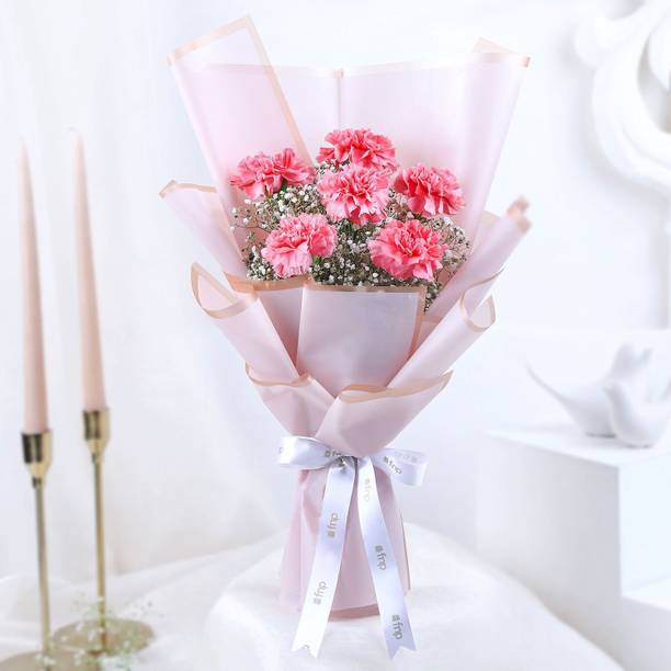 Fresh Pink Carnation Bouquet (6 Flowers) with Gypsophila and Satin Ribbon Wrap Fresh Pink Carnations Bouquets