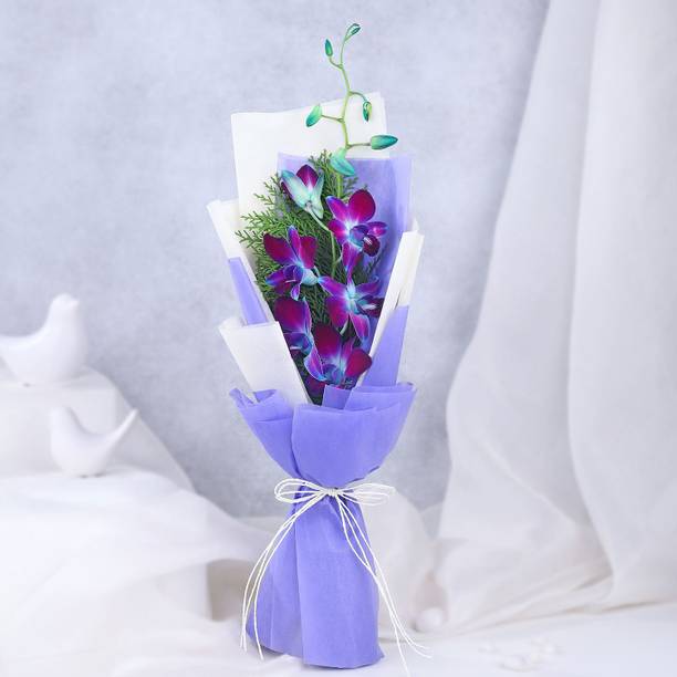Fresh Blue Orchid Flower Bouquet with White & Purple Wrap and Morpankhi Filler Fresh Blue Orchids Flower