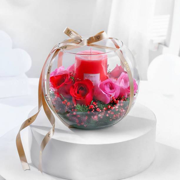 Fresh Red and Aqua Pink Rose Bouquet with Jasmine Candle in Glass Bowl (8 Roses) Fresh Pink Rose Bouquets