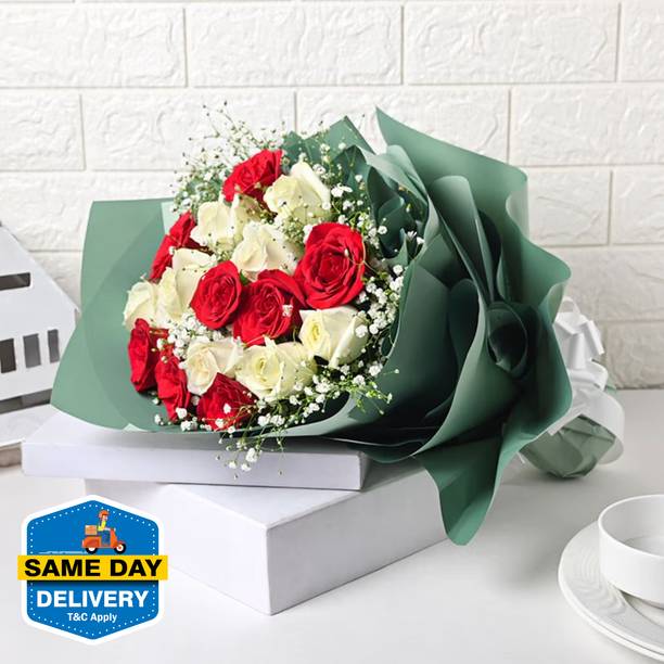 Floweraura Fresh Attractive Fresh Live 16 Red & White Roses Flowers Bouquet Rose Bouquets