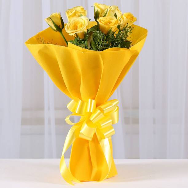 Fresh Live Flower Bouquet of 6 Yellow Roses, Yellow Wrap with Gypsophila Fresh Yellow Rose Bouquets