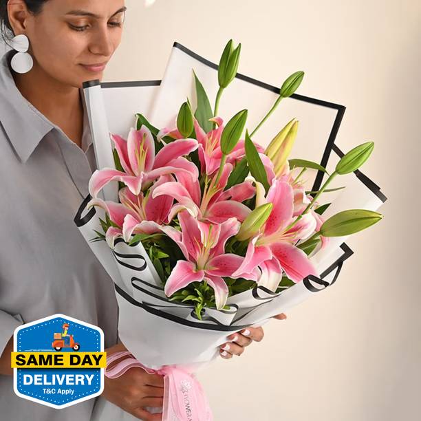 Floweraura Fresh Romantic Bunch of Fresh Live 4 Oriental Pink Lilies Flower Bouquet Assorted Bouquets