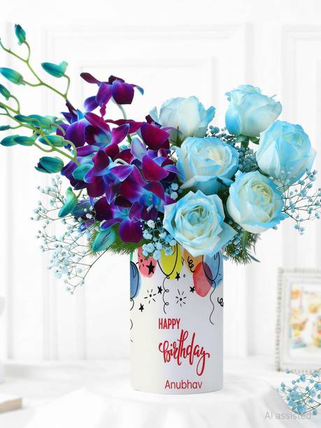 Fresh Blue Rose and Orchid Bouquet in Glass Vase with Hand-Sprayed Roses Fresh Blue Rose Bouquets