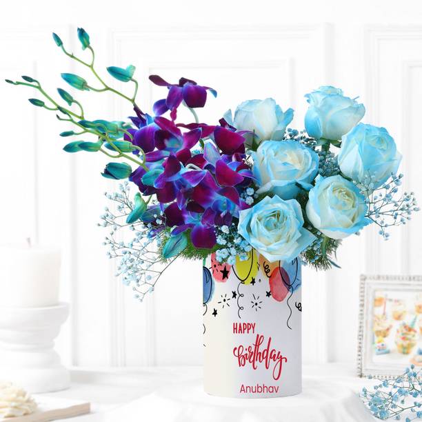 Fresh Blue Rose and Orchid Bouquet in Glass Vase with Hand-Sprayed Roses Fresh Blue Rose Bouquets