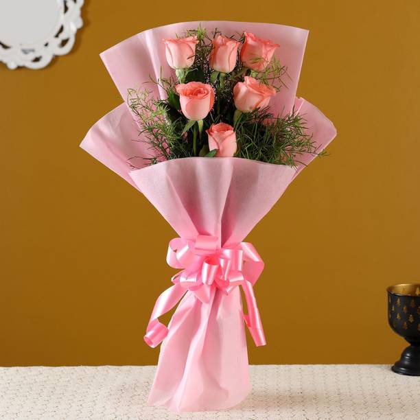 Fresh Baby Pink Rose Bouquet (6 Roses) with White Wrap and Pink Raffia Thread Fresh Pink Rose Bouquets