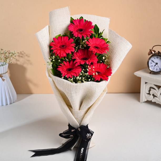 Floweraura Fresh Live Flower Bouquet of 6 Pink Gerberas Flowers In Jute Packing Gerberas Bouquets