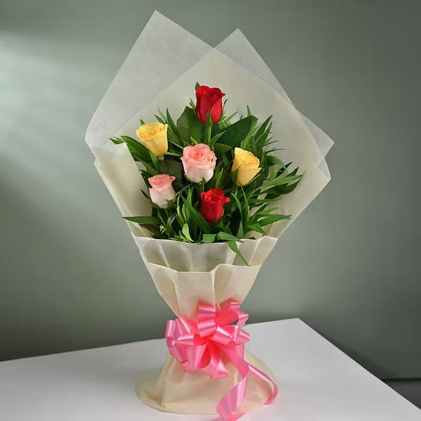 Floweraura Fresh Live Flower Bouquet of 6 Mix Roses Flower Rose Bouquets