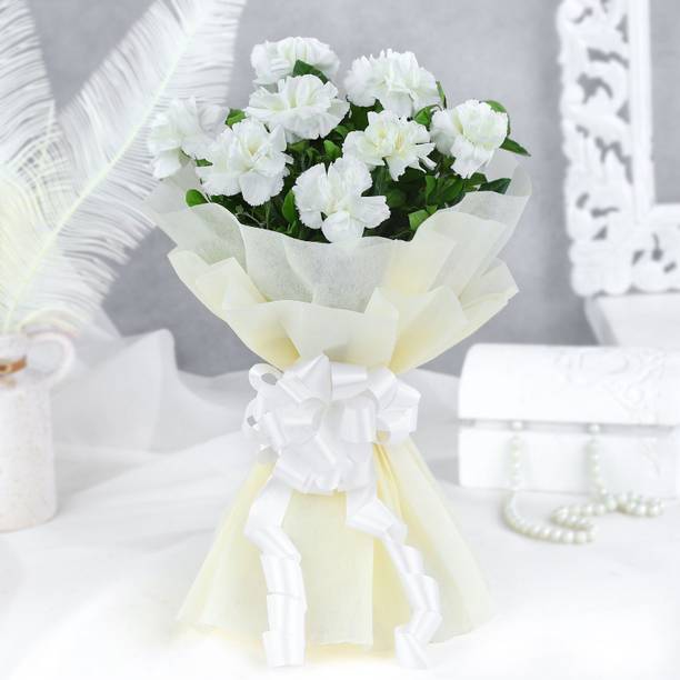 Fresh White Carnation Bouquet (8 Flowers) with White Wrap and Murraya Fillers Fresh White Carnations Bouquets