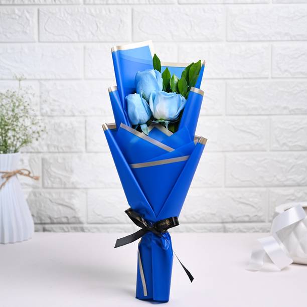 Floweraura Fresh Live Flower Bouquet of 3 Blue Roses Flowers Roses Bouquets