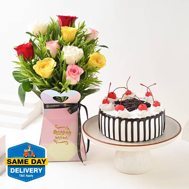 Floweraura Fresh 10 Mix Roses Flower Bouquet In Box With Yummy Fresh 500g Black Forest Cake Rose Bouquets