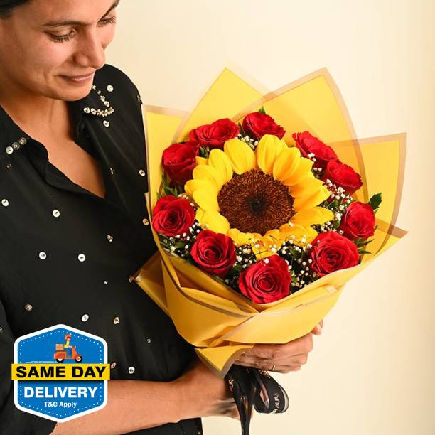 Floweraura Fresh Romantic Bunch of Fresh Live 10 Red Roses & 1 Sunflower Flower Bouquet Assorted Bouquets