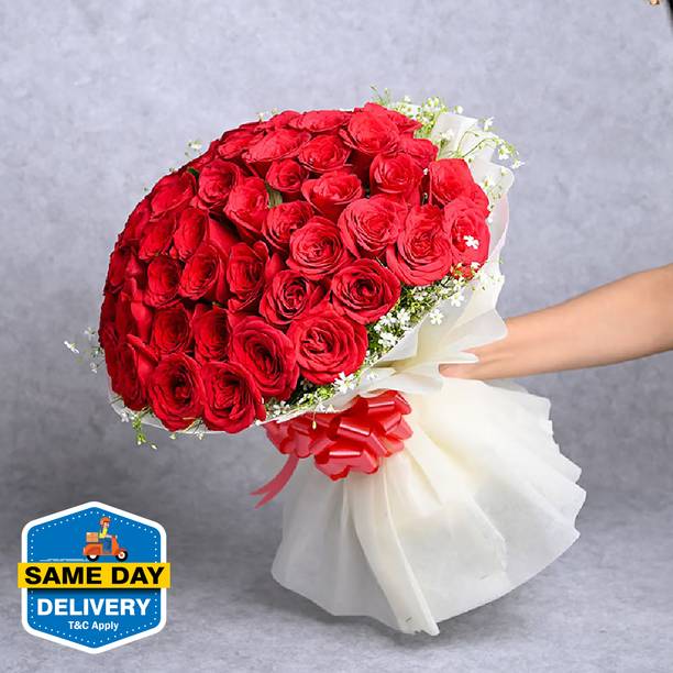 Floweraura Fresh Bunch of Fresh Live 50 Red Roses Flower Bouquet Rose Bouquets