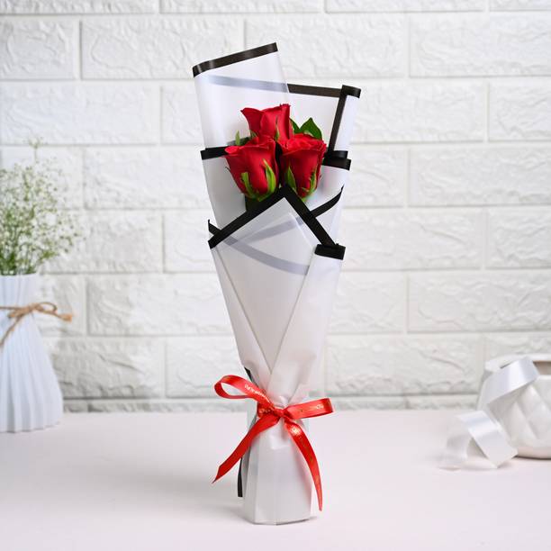 Floweraura Fresh Live Flower Bouquet of 3 Red Roses Flowers Roses Bouquets