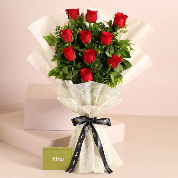 Fresh Red Rose Bouquet (10 Roses) with Black and White Luxury Packing Fresh Red Rose Bouquets