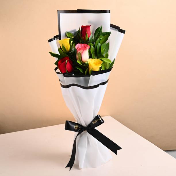 Floweraura Fresh Live Flower Bouquet of 5 Mix Color Roses Bouquets