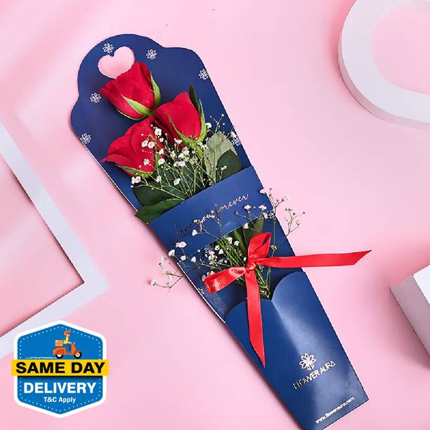 Floweraura Fresh Love Special Bunch of Fresh Live 3 Red Roses Flowers Bouquet In Sleeves Rose Bouquets
